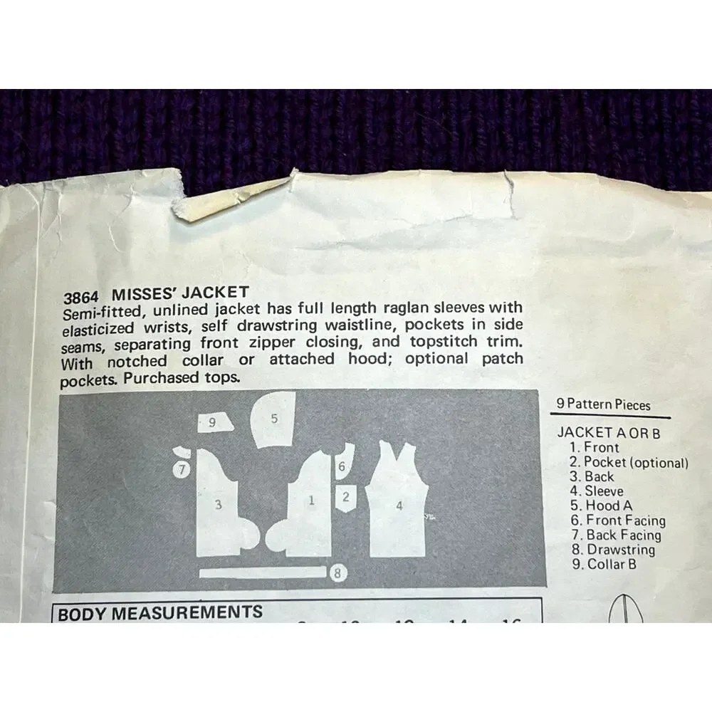 Butterick 3864 sewing pattern Jacket shacket hood 1980s size 14